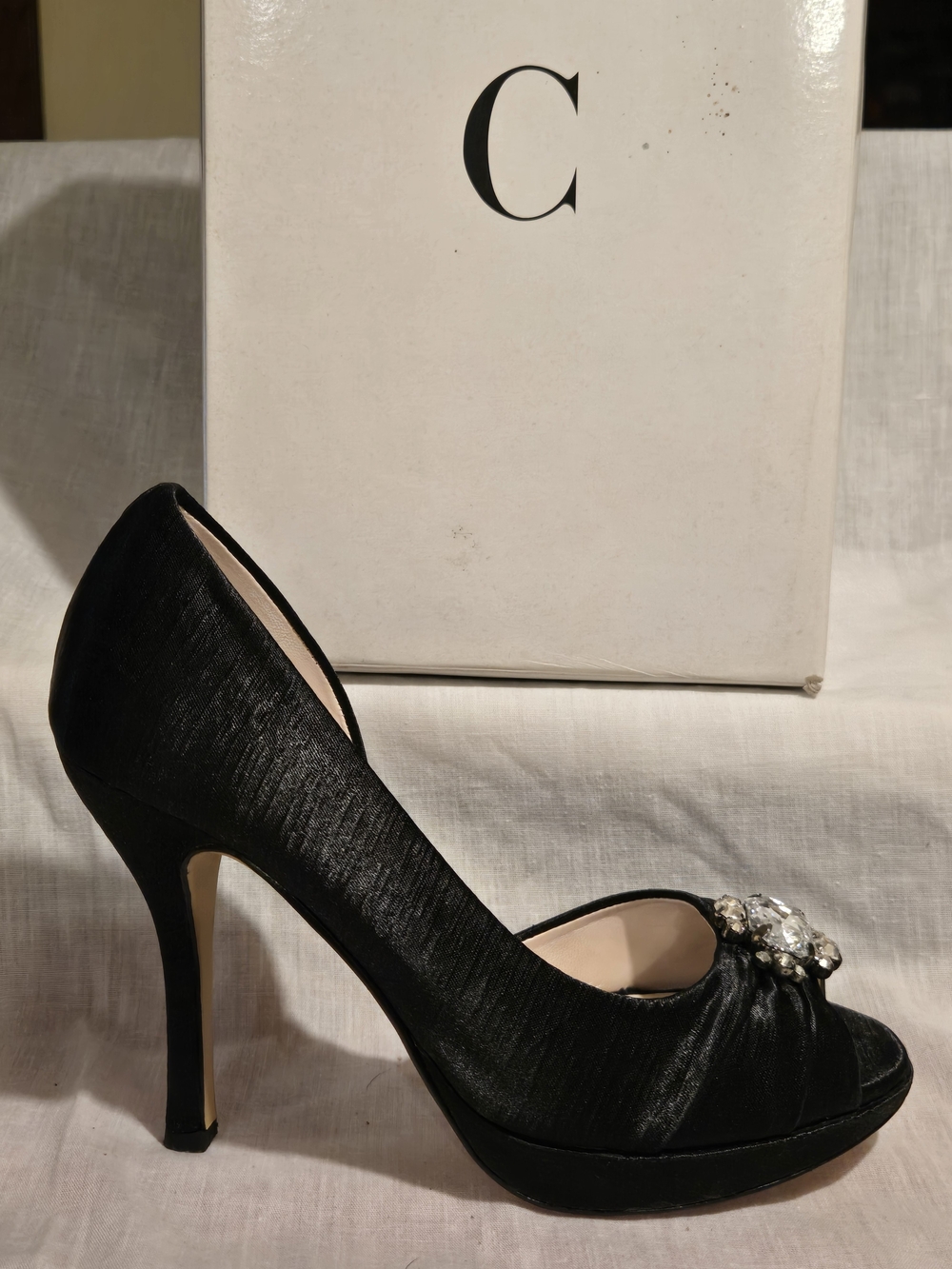 Caparros Black Satin Peep-Toe Heel with Crystal Brooch